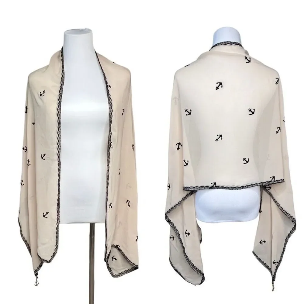 Linear Scarf Anchor Nautical Wrap Shawl Cream Lace‎ Black Gold Charm 69